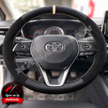Hasakman Toyota C-Hr Dikme Direksiyon Kılıfı Alcantara Süet Mat Karbon Bej Yüzük ve Dikiş 2020-2023