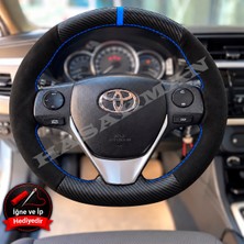 Hasakman Toyota Avensis T270 Dikme Direksiyon Kılıfı Alcantara Süet Mat Karbon Mavi Yüzük ve Dikiş 2015-2018