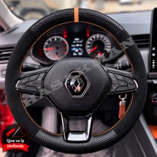 Hasakman Renault Clio 5 Dikme Direksiyon Kılıfı Alcantara Süet Mat Karbon Taba Yüzük ve Dikiş 2019-2024