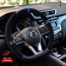 Hasakman Nissan Micra K14 Dikme Direksiyon Kılıfı Alcantara Süet Mat Karbon Mavi Yüzük ve Dikiş 2017-2023