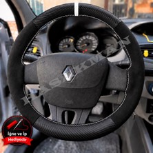 Hasakman Renault Scenic 3 Dikme Direksiyon Kılıfı Alcantara Süet Mat Karbon Beyaz Yüzük ve Dikiş 2009-2016