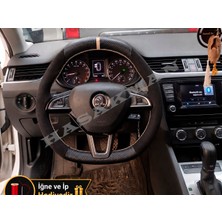 Hasakman Skoda Fabia Mk3 Dikme Direksiyon Kılıfı Alcantara Süet Mat Karbon Bej Yüzük ve Dikiş 2014-2021