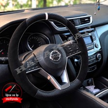 Hasakman Nissan Micra K14 Dikme Direksiyon Kılıfı Alcantara Süet Mat Karbon Beyaz Yüzük ve Dikiş 2017-2023