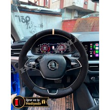 Hasakman Skoda Octavia Mk4 Dikme Direksiyon Kılıfı Alcantara Süet Mat Karbon Bej Yüzük ve Dikiş 2020-2024