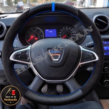 Hasakman Dacia Stepway Dikme Direksiyon Kılıfı Alcantara Süet Mat Karbon Mavi Yüzük ve Dikiş 2017-2021