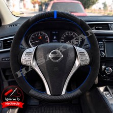 Hasakman Nissan X-Trail T32 Dikme Direksiyon Kılıfı Alcantara Süet Mat Karbon Mavi Yüzük ve Dikiş 2014-2017