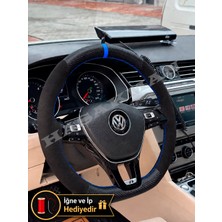 Hasakman Vw Caddy 4 Dikme Direksiyon Kılıfı Alcantara Süet Mat Karbon Mavi Yüzük ve Dikiş 2015-2020