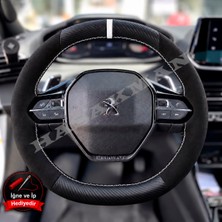 Hasakman Peugeot 2008 Dikme Direksiyon Kılıfı Alcantara Süet Mat Karbon Beyaz Yüzük ve Dikiş 2019-2024
