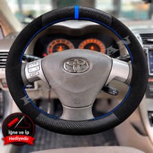 Hasakman Toyota Corolla E120 Dikme Direksiyon Kılıfı Alcantara Süet Mat Karbon Mavi Yüzük ve Dikiş 2002-2007