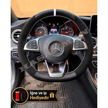 Hasakman Mercedes W205 Dikme Direksiyon Kılıfı Alcantara Süet Mat Karbon Beyaz Yüzük ve Dikiş 2014-2018