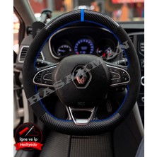 Hasakman Renault Scenic 4 Dikme Direksiyon Kılıfı Alcantara Süet Mat Karbon Mavi Yüzük ve Dikiş 2016-2022