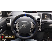 Hasakman Toyota Prius XW20 Dikme Direksiyon Kılıfı Alcantara Süet Mat Karbon Mavi Yüzük ve Dikiş 2003-2009