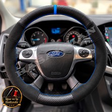 Hasakman Ford Focus 3 Dikme Direksiyon Kılıfı Alcantara Süet Mat Karbon Mavi Yüzük ve Dikiş 2011-2018