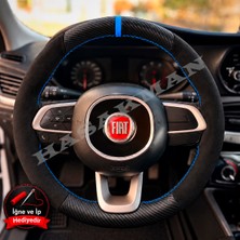 Hasakman Fiat Egea Cross Dikme Direksiyon Kılıfı Alcantara Süet Mat Karbon Mavi Yüzük ve Dikiş 2020-2021