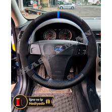 Hasakman Volvo S40 Dikme Direksiyon Kılıfı Alcantara Süet Mat Karbon Mavi Yüzük ve Dikiş 2004-2012