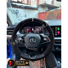 Hasakman Skoda Scala Dikme Direksiyon Kılıfı Alcantara Süet Mat Karbon Gri Yüzük ve Dikiş 2019-2024