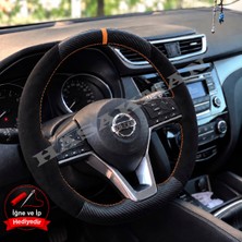 Hasakman Nissan X-Trail T32 Dikme Direksiyon Kılıfı Alcantara Süet Mat Karbon Taba Yüzük ve Dikiş 2017-2022