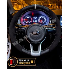 Hasakman Kia Picanto Dikme Direksiyon Kılıfı Alcantara Süet Mat Karbon Gri Yüzük ve Dikiş 2017-2024
