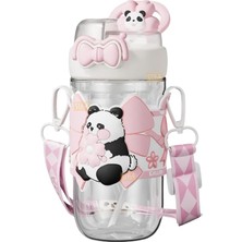 Diller 580ML Sevimli Hayvanlar Süslü Pipetli/pipetsiz Boyun Askılı Tritan Çocuk Matarası (Pembe Panda)