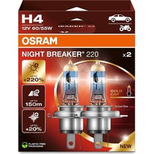 H4 Night Braker 220 Ampul, 12V,%220 Fazla Işık, 2'li Paket