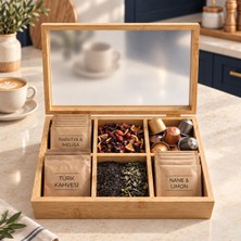Premium Bambu 6 Bölmeli Kapaklı Dikdörtgen Organizer Çok Amaçlı Baharatlık Çerezlik Çay Kutusu| Kitchera Home