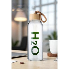Borosilikat Cam Su Matarası, 800 Ml, Bambu Kapaklı, H2O Yazılı, Taşıma Ipli, Ofis ve Spor Için