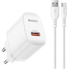 Pileli Store Yesido YC111 18W Usb-A Qc 3.0 Çıkışlı A To Type-C Kablolu Hızlı Şarj Cihazı - Beyaz