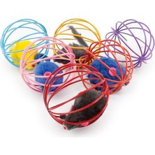 Esranın Dünyası 5dm-Renkli Metal Kafesli Peluş Fareli Kedi Köpek Oyuncağı Oyun Topu 6 cm
