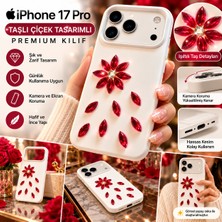 Haneliya iPhone 17 Pro Uyumlu Taşlı Çiçek Desenli Kılıf – Kırmızı Parlak Taş Detaylı Beyaz Telefon Kılıfı