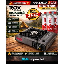 Rox Camping 153ROX0103 Gri Portatif Kamp Ocağı + 3 Adet Rox Kamp Gazı, Piezo Ateşlemeli