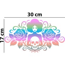 Meristeed Güllü Kadın ve Kuru Kafa Oto Sticker - Araç Arka Camı, Kask, Bilgisayar Kasası, Motosiklet, Mağaza Vitrin Dekoru, Dükkan Camları, Düz Yüzey Uyumlu Etiket - Siyah,beyaz,kırmızı,hologram Renk Seçenekli