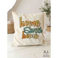 Reyn Handmade Özel Tasarım El Yapımı Punch Nakışlı Kırlent Kılıfı - "home Sweet Home" Mottolu Dekoratif Yastık Kılıfı (43X43 Cm)