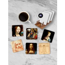 Postermanya (PSTER21250) Da Vinci Temalı Standlı Ahşap Bardak Altlığı Seti, 6 Adet Baskılı Bardak Fincan Kahve Altlığı