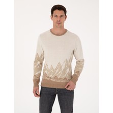 Cacharel Ecru Slim Fit %100 Cotton Crew Neck Patterned Knit Sweater