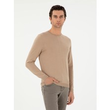 Cacharel Beige Slim Fit Cashmere Silk Blend Crew Neck Knit Sweater