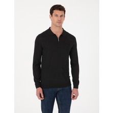 Cacharel Black Regular Fit Wool Blend Zip Polo Collar Knit Sweater