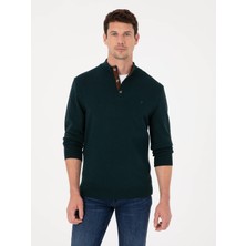 Cacharel Dark Green Regular Fit Wool Blend Button Neck Knit Sweater