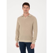 Cacharel Beige Regular Fit %100 Cotton Camp Collar Knit Sweater