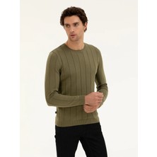 Cacharel Khaki Regular Fit Cotton Blend Crew Neck Knit Sweater