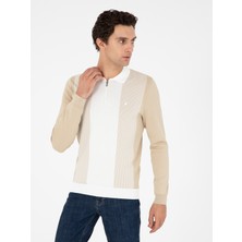 Cacharel Beige Slim Fit Zip Polo Collar Knit Sweater
