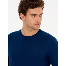 Cacharel Sax Blue Slim Fit Crew Neck Wool Cashmere Blend Knit Sweater