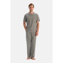 Dagi Grey Melange Collar Detail Short Sleeve Interlock T-Shirt And Pants Set