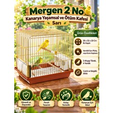 Kanarya Yaşamsal ve Ötüm Kafesi Sarı (35 x 32 x 23 cm – Çift Kapılı, Camlı, Sürgülü Altlıklı, 3 Ahşap Tünekli ve 4 Yemlikli Vernikli Pirinç Kuş Kafesi)
