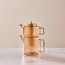 Karaca Flat Borosilicate Glass Midi Teapot Set Amber 1.1l & 1.8l