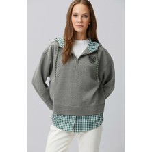 Network Anthracite Melange Plaid Trim Detail Sweatshirt