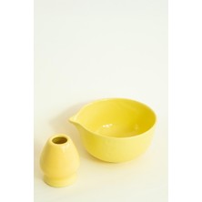 Beige & Stone Ceramic Glossy Yellow Matcha Bowl And Whisk Holder Set