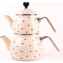 Emaylab Black Cupid Heart Patterned Enamel Teapot Set (Special Zamak Knob)