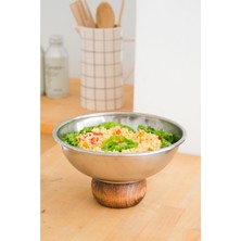 Beige & Stone Wooden Footed Metal 22 cm Salad, Bulgur Salad And Fruit Serving Bowl