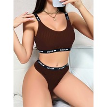 Kadın Kahverengi Love Yazılı Sütyen Kilot Takımı 5156