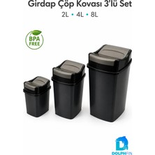 Dolphfin Girdap 3’lü Sallanır Kapaklı Çöp Kovası Seti 2 L 4 L 8 L Banyo Mutfak Siyah